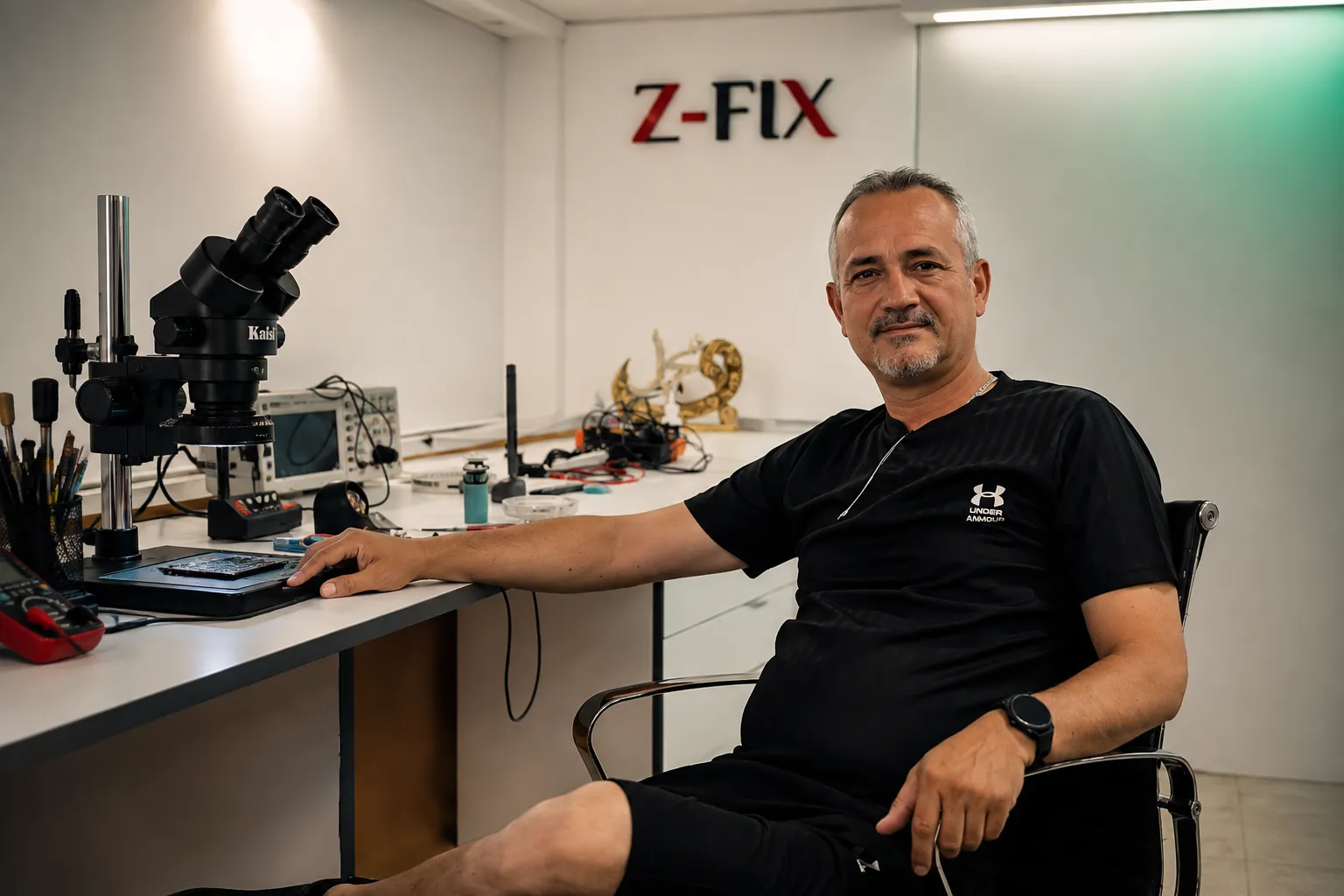 Zouher Tabikh seated at his workbench with a microscope and diagnostic equipment, Z-Fix workshop